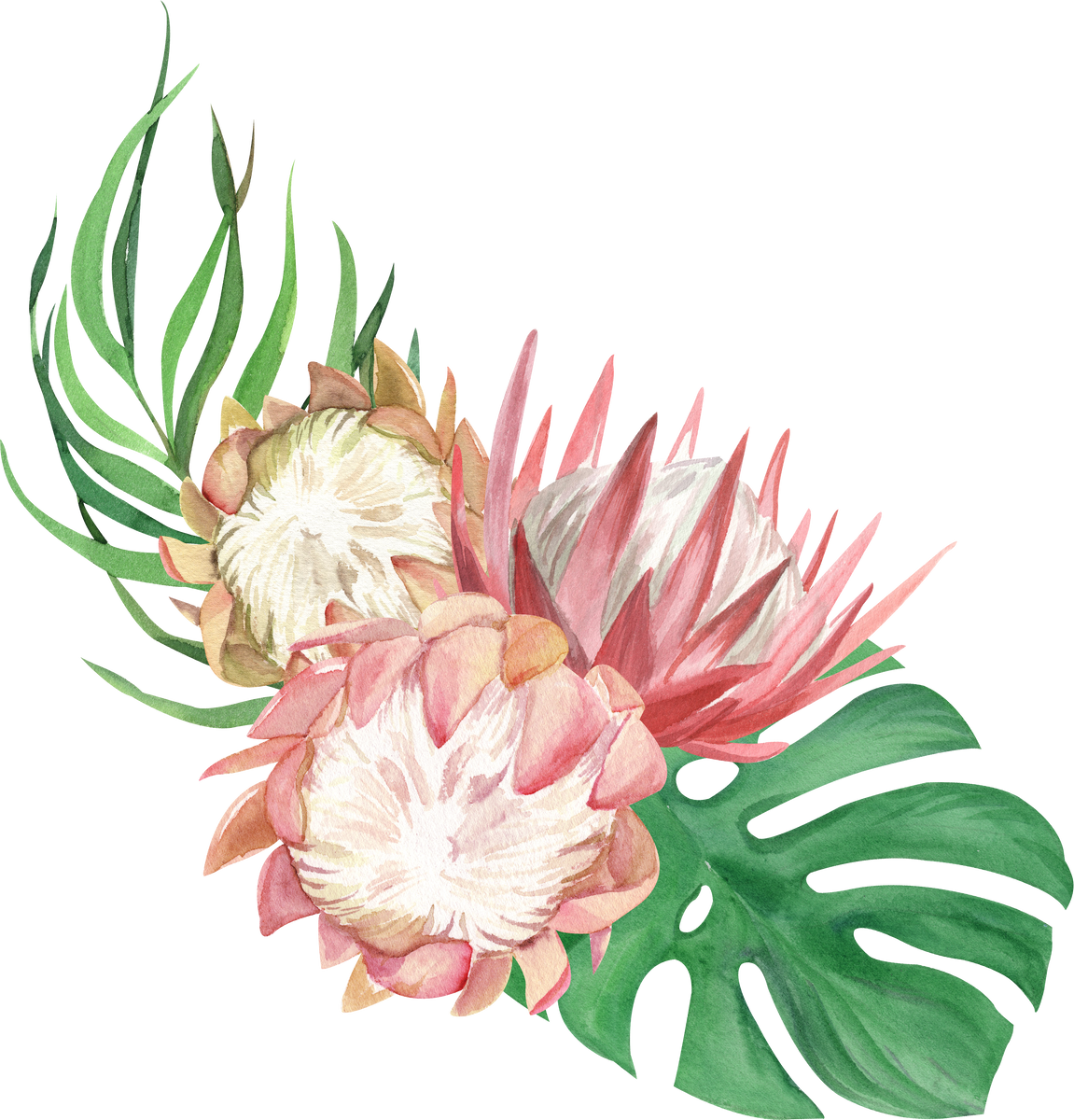 Watercolor green and pink tropical bouquet